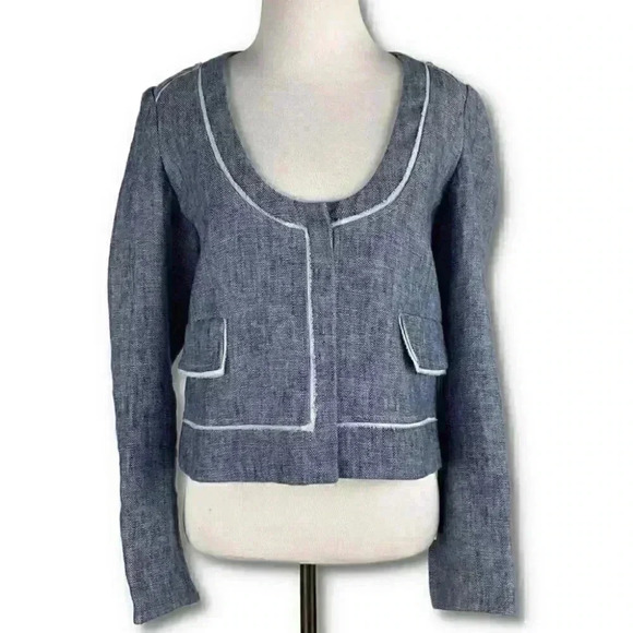 Uterque Womens blazer size 26 S blue white 100% linen career dog show - Picture 1 of 12